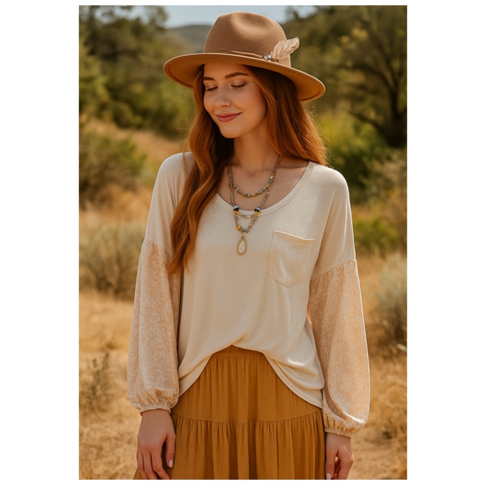 Free People Ivory Patchwork Balloon Sleeve Oversized Boho Top Size S